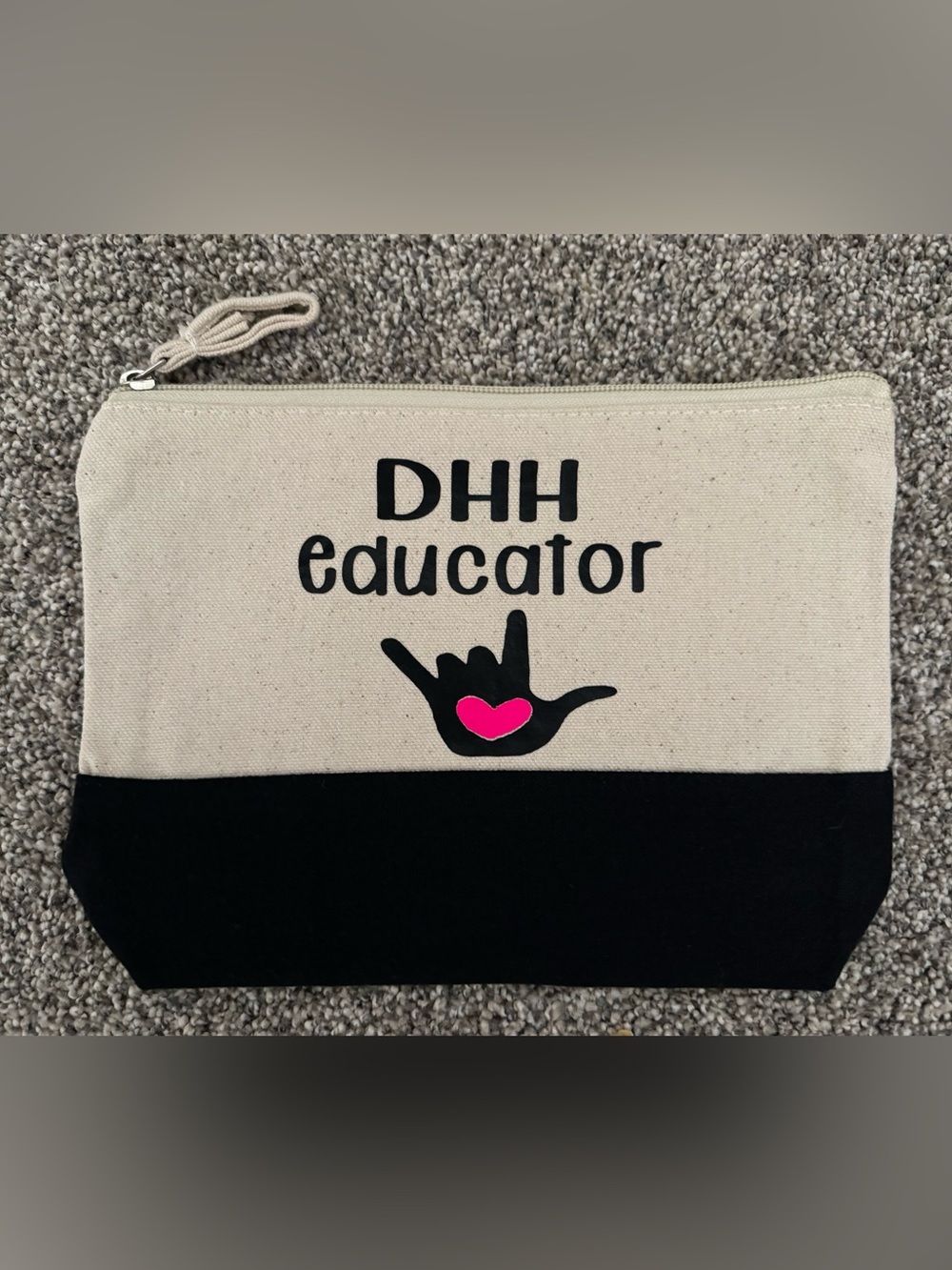 DHH Educator Canvas zippered Pouch - Beige & Black with Pink Accent